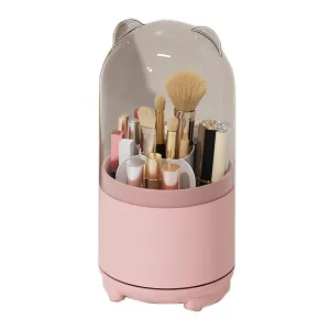 360° Rotating Makeup Brush Bucket | Transparent Dust-proof Cosmetic Storage Box (Pink)