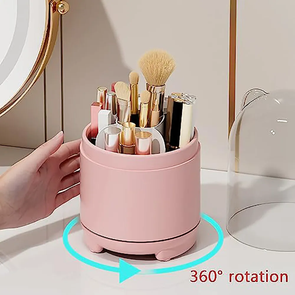 360° Rotating Makeup Brush Bucket | Transparent Dust-proof Cosmetic Storage Box (Pink)