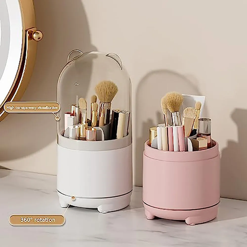 360° Rotating Makeup Brush Bucket | Transparent Dust-proof Cosmetic Storage Box (Pink)