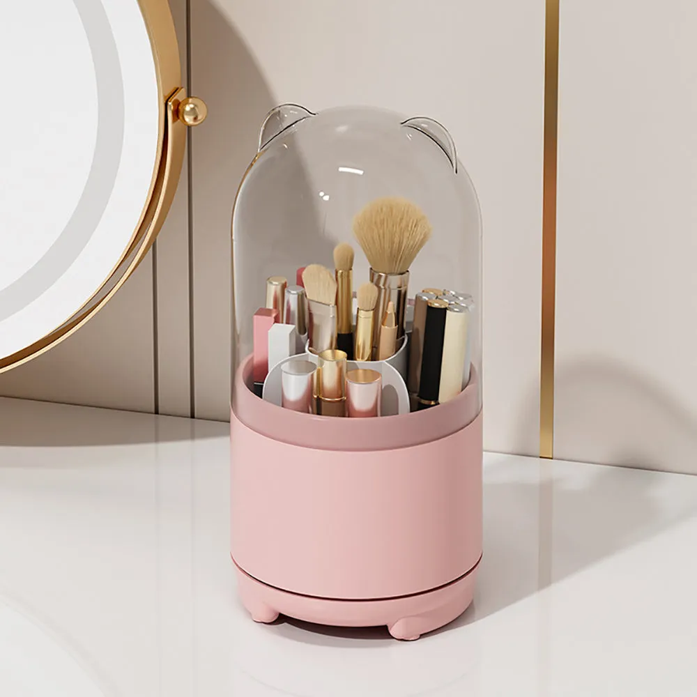 360° Rotating Makeup Brush Bucket | Transparent Dust-proof Cosmetic Storage Box (Pink)