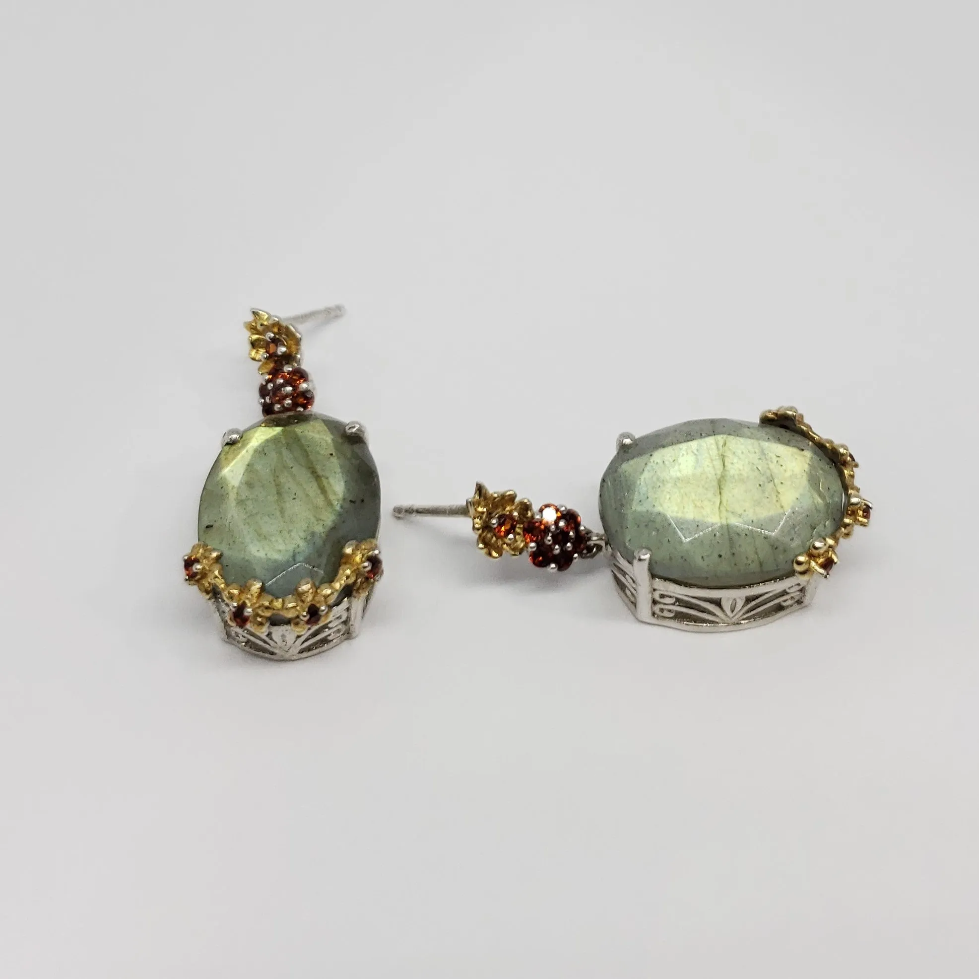 Malagasy Labradorite, Mozambique Garnet 14K YG and Platinum Over Sterling Silver Dangle Earrings TGW 8.925 cts.
