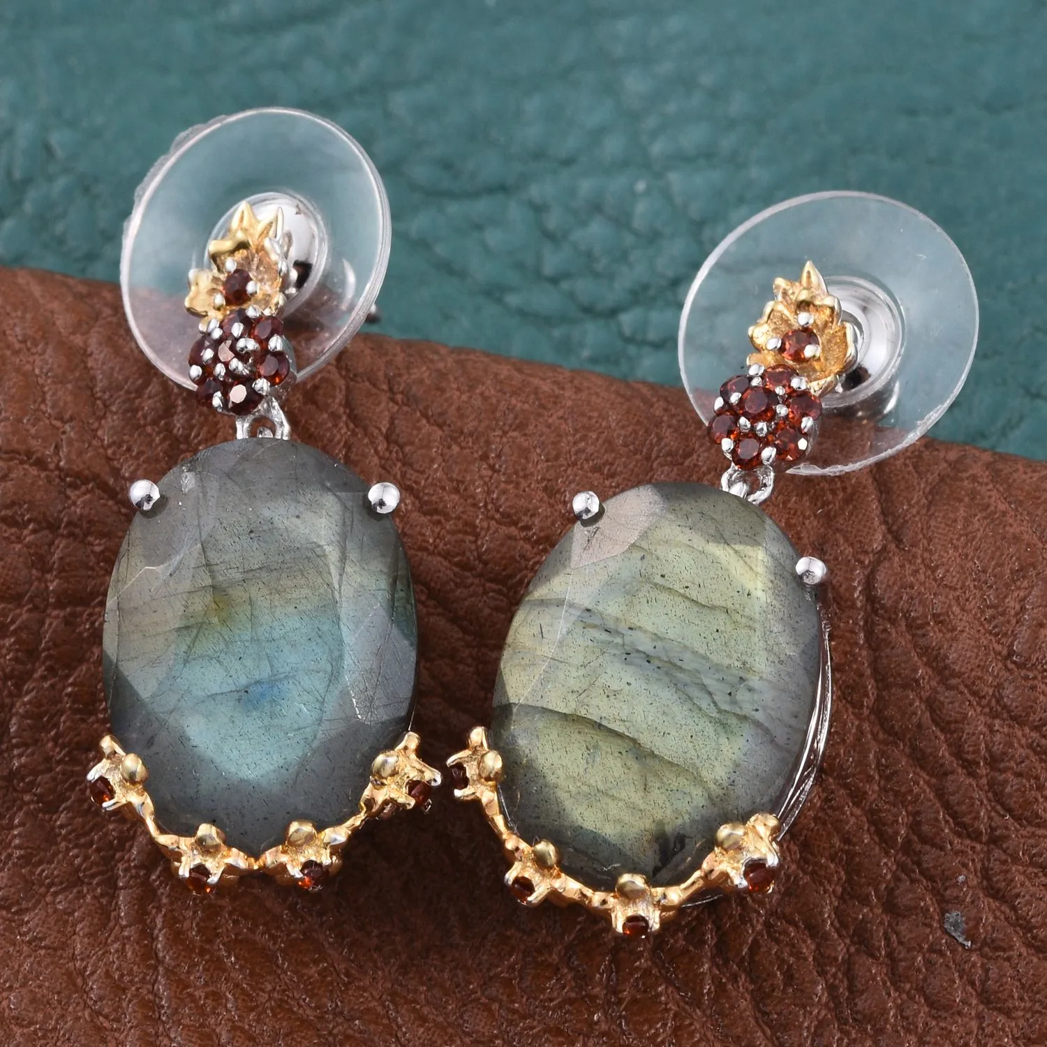 Malagasy Labradorite, Mozambique Garnet 14K YG and Platinum Over Sterling Silver Dangle Earrings TGW 8.925 cts.