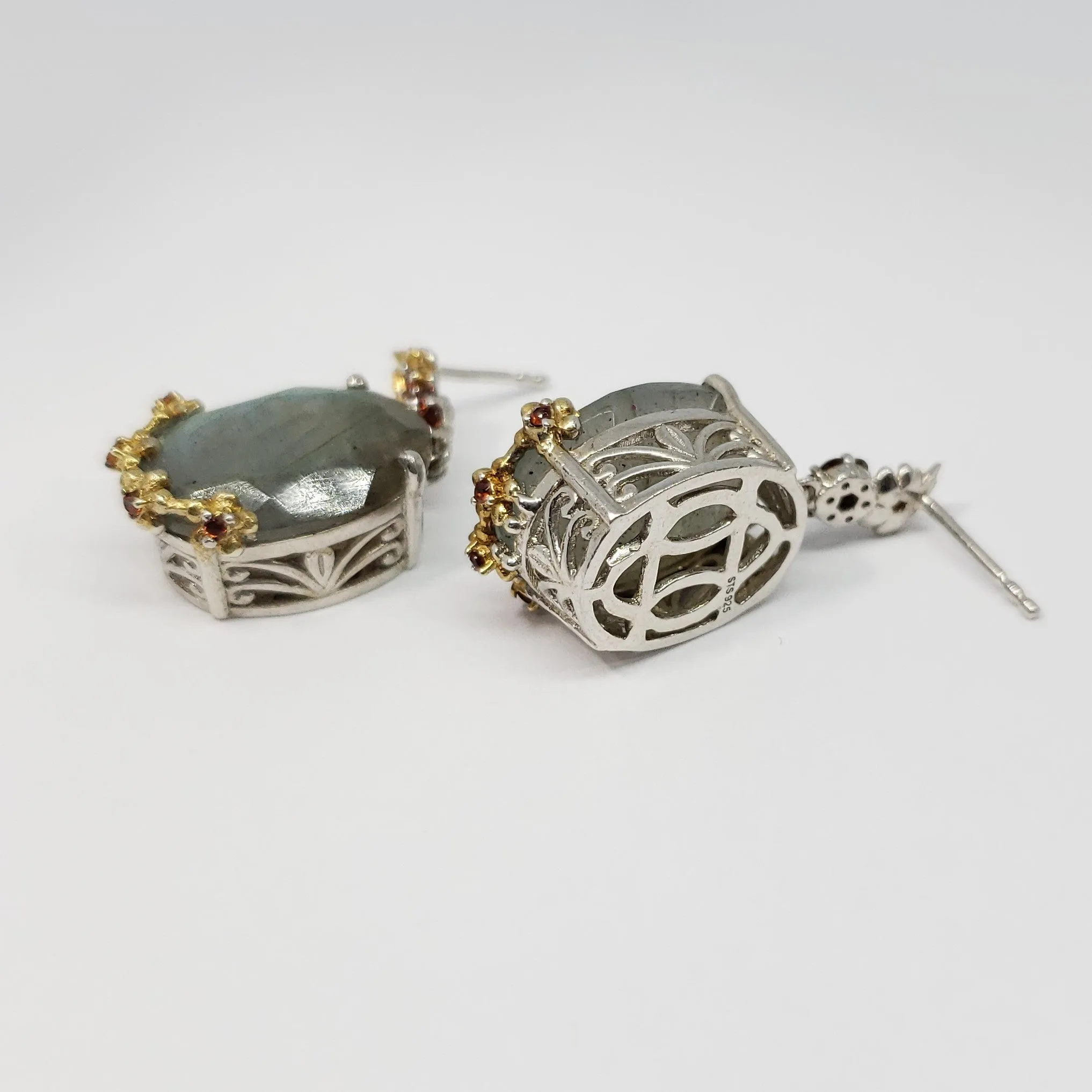 Malagasy Labradorite, Mozambique Garnet 14K YG and Platinum Over Sterling Silver Dangle Earrings TGW 8.925 cts.