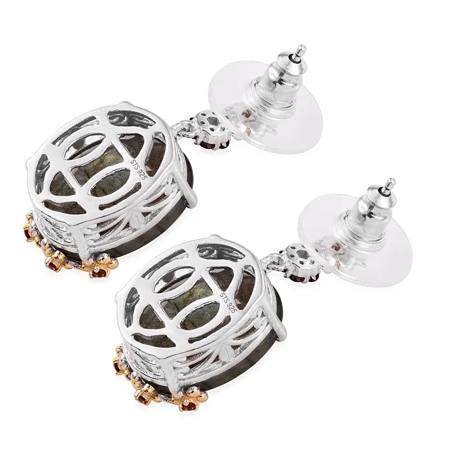 Malagasy Labradorite, Mozambique Garnet 14K YG and Platinum Over Sterling Silver Dangle Earrings TGW 8.925 cts.