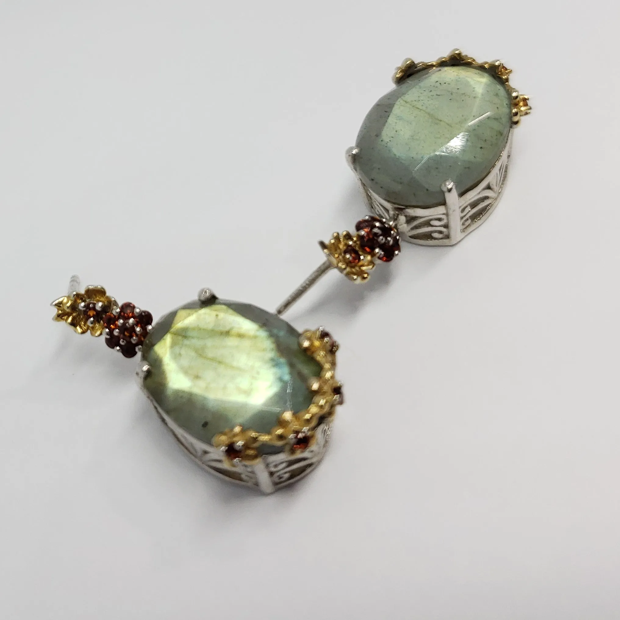 Malagasy Labradorite, Mozambique Garnet 14K YG and Platinum Over Sterling Silver Dangle Earrings TGW 8.925 cts.
