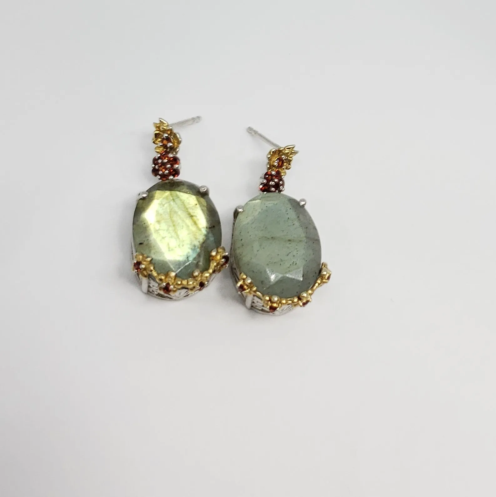 Malagasy Labradorite, Mozambique Garnet 14K YG and Platinum Over Sterling Silver Dangle Earrings TGW 8.925 cts.